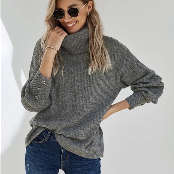 Rib knit turtleneck sweater button dusty pink - Picture 7 of 8